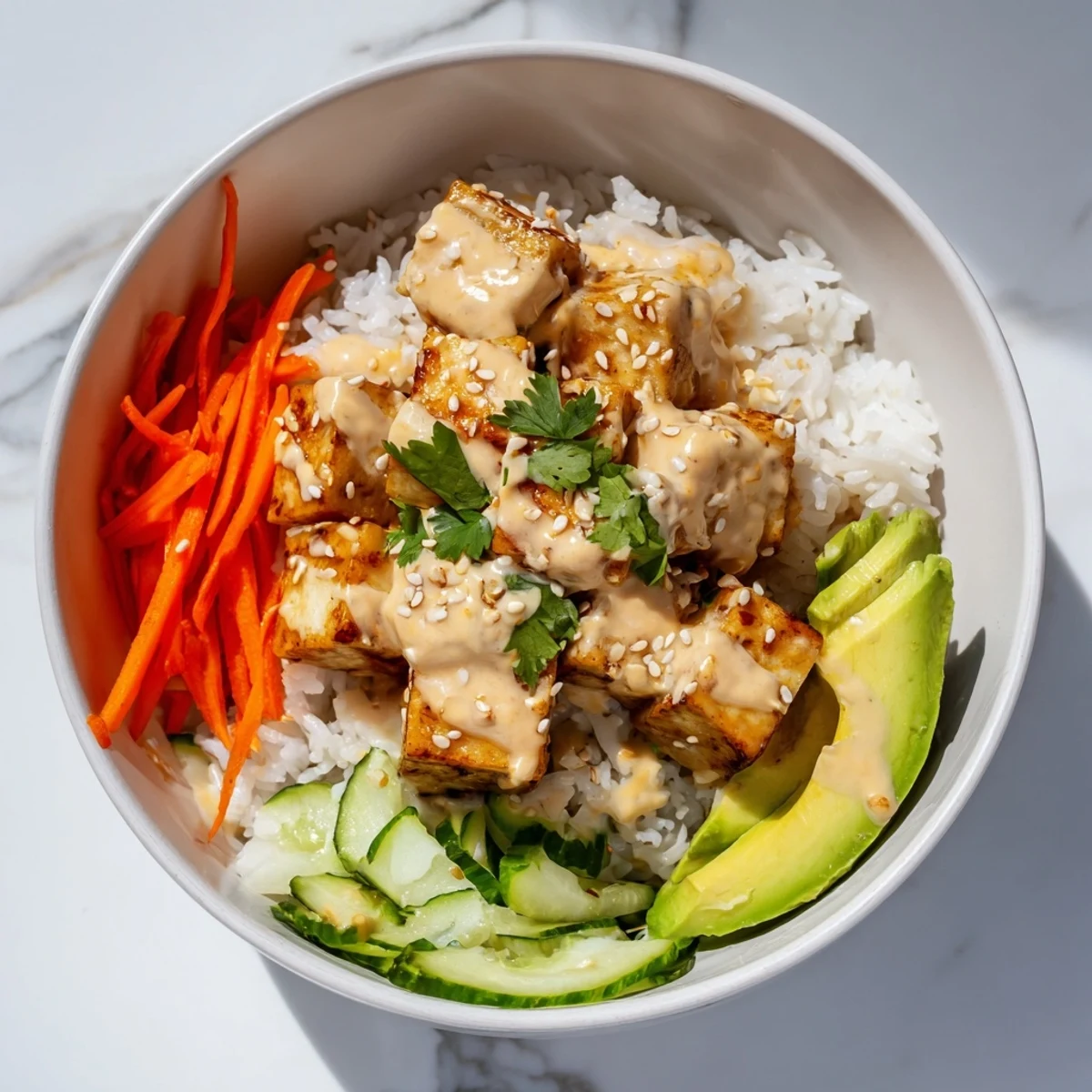 This image shows a beautifully plated and flavorful chili-mayo tofu bowl ready to eat.