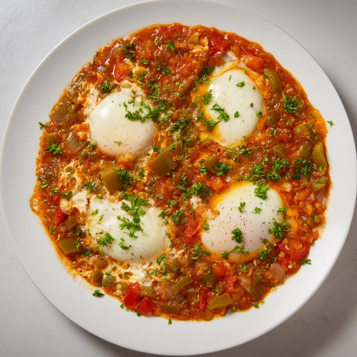 Vibrant Shakshuka: Poached eggs nestle in a rich, spiced tomato sauce, ready for crusty bread.