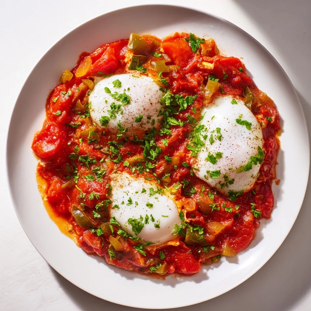 A bubbling skillet of Shakshuka: the vegetarian brunch delight, invitingly garnished with herbs.