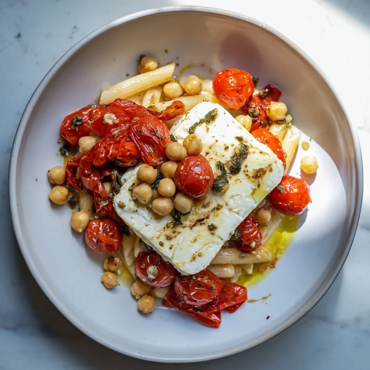 Creamy baked feta chickpea and tomato pasta dish, garnished with fresh basil for a vibrant, flavorful meal.