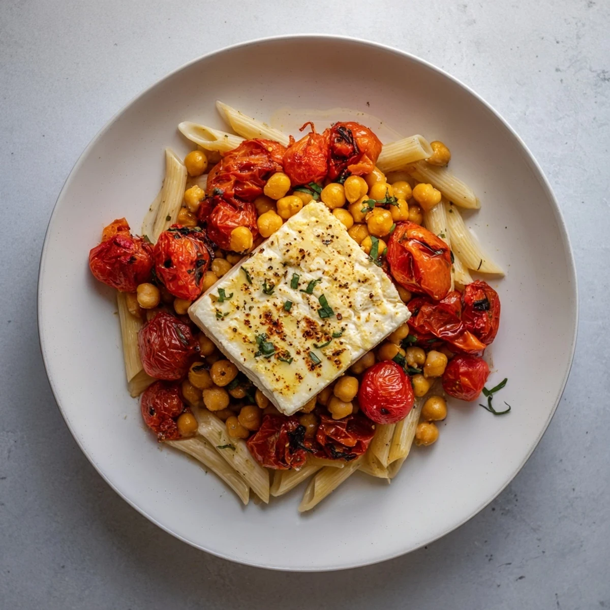 Golden-brown baked feta cheese mingling with chickpeas and tomatoes, a delicious Baked Feta Chickpeas recipe ready to serve.