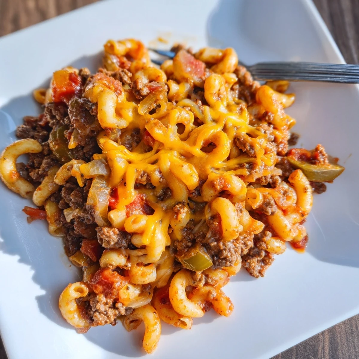 Hamburger Casserole bubbling hot, topped with melted cheese, perfect for a cozy family dinner.