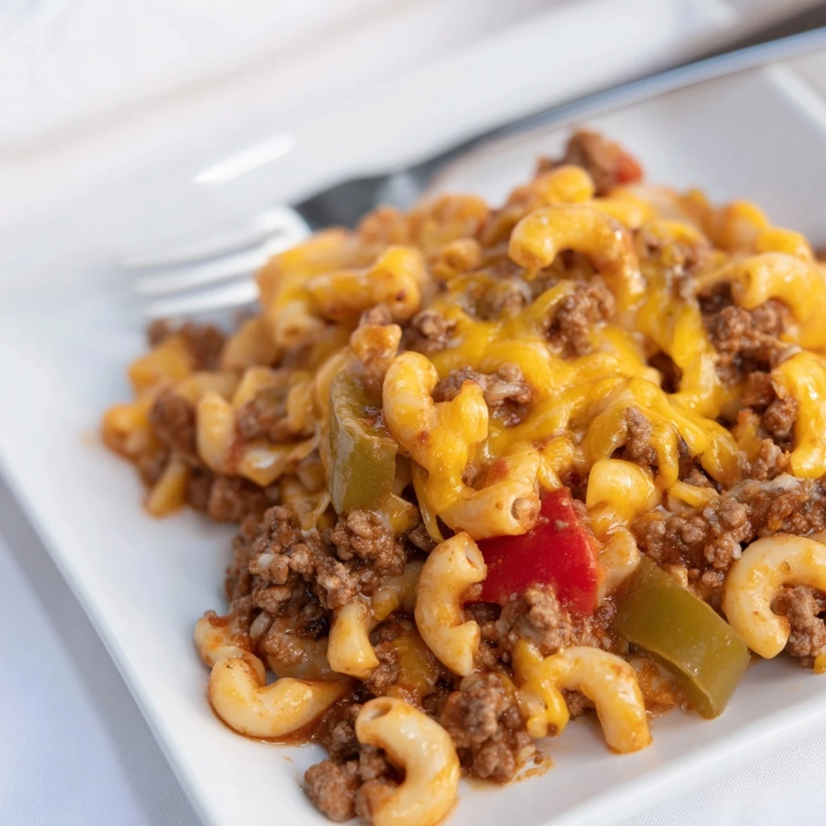 Golden cheesy baked Hamburger Casserole presented in a baking dish, ready to scoop and enjoy.