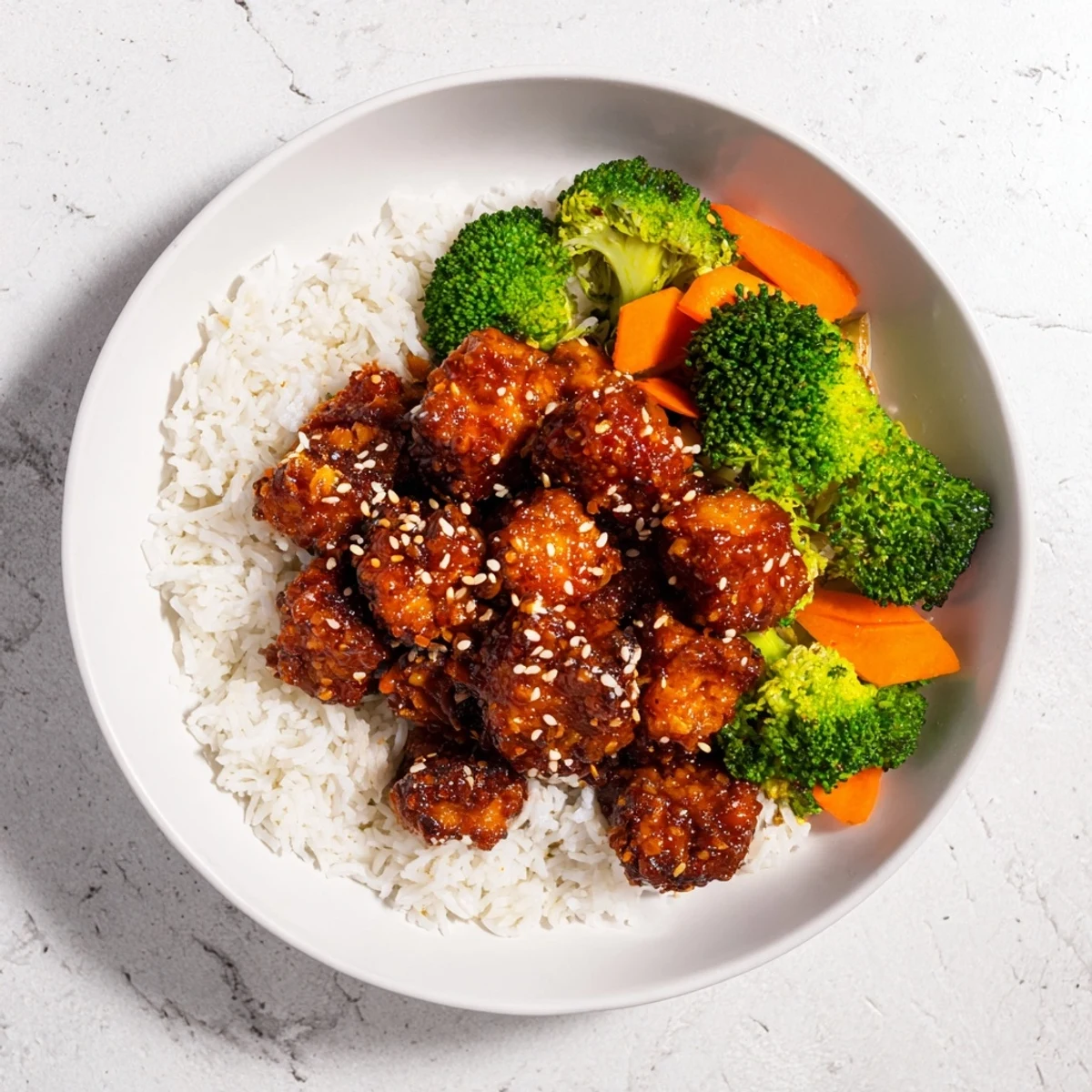 A close-up view of sesame tofu and broccoli, showcasing the crispy tofu and vibrant vegetables.