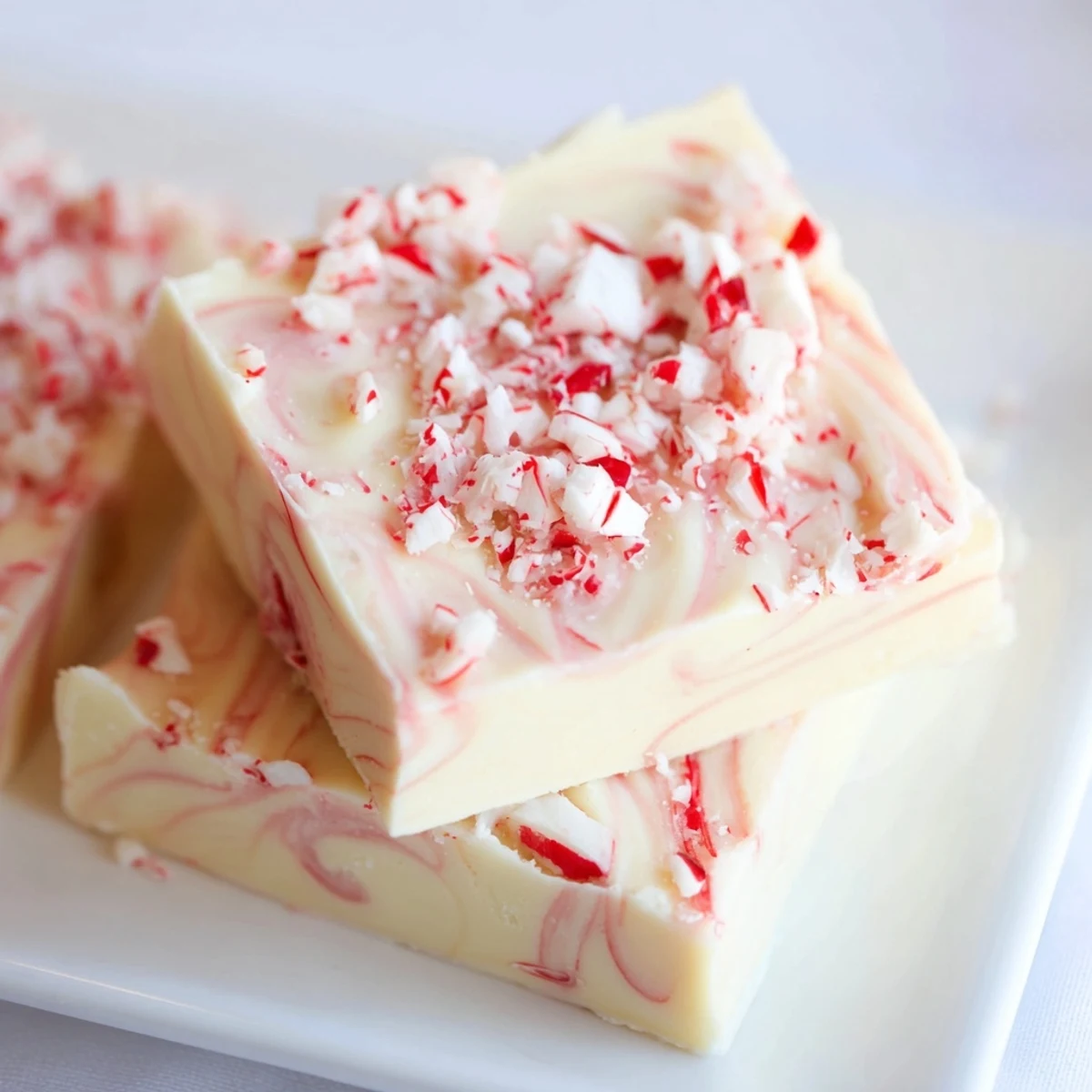Close-up of peppermint bark fudge shimmering with crushed candy canes, perfect for the holidays.