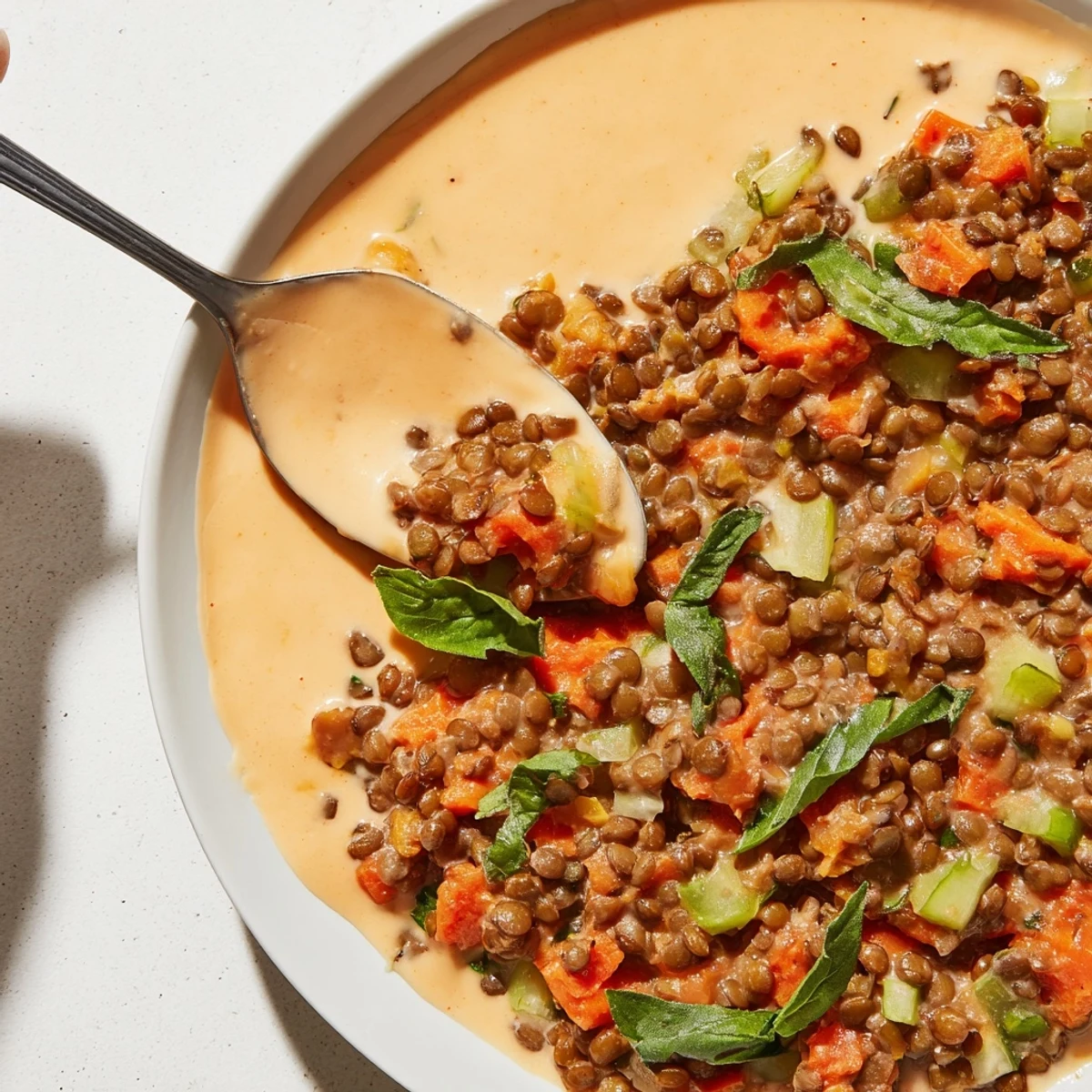 Steaming Creamy Tomato Basil Lentil Bolognese, a hearty vegan sauce ready to top your favorite pasta.