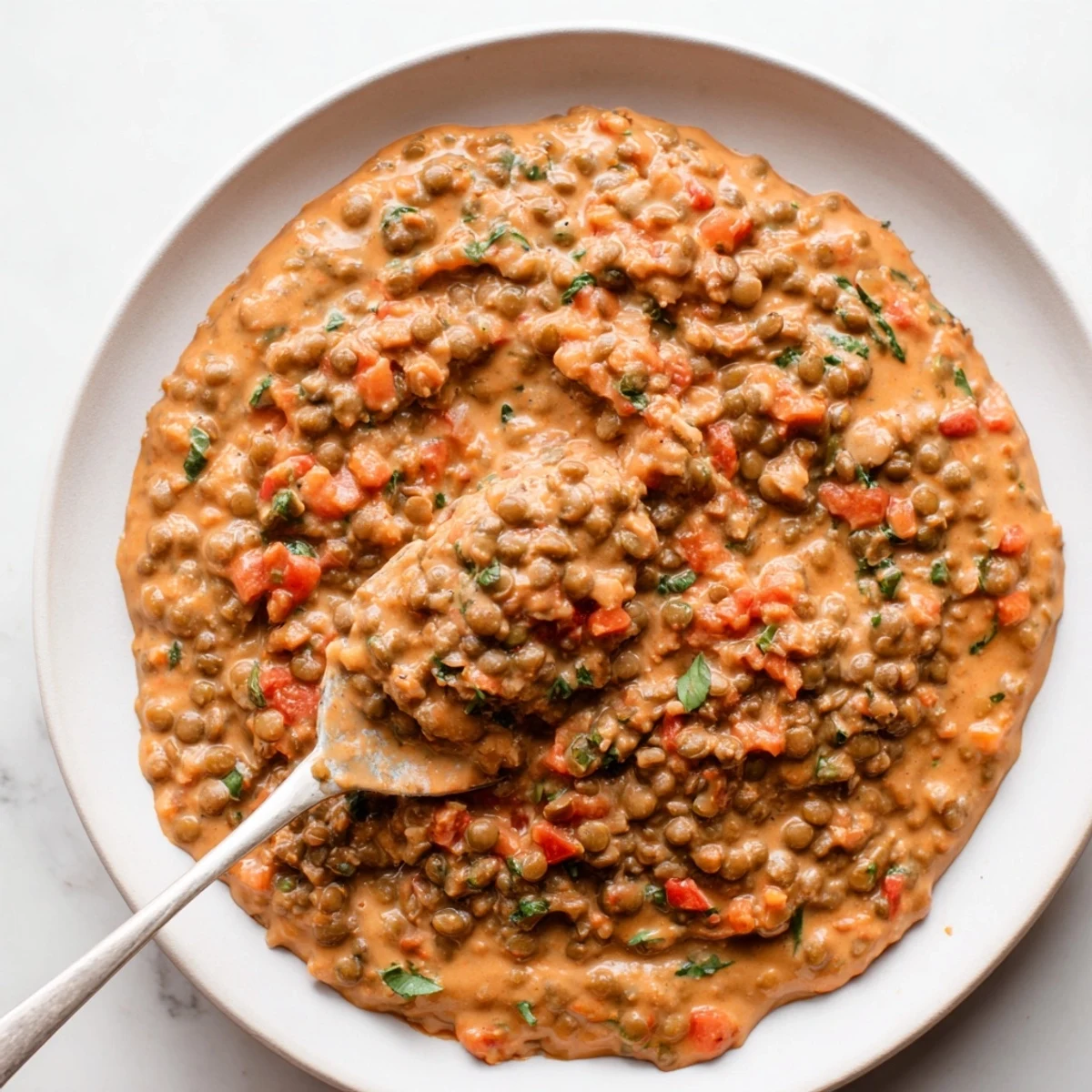 Fresh, bright green basil garnishes this rich Creamy Tomato Basil Lentil Bolognese, a comforting vegan main dish.