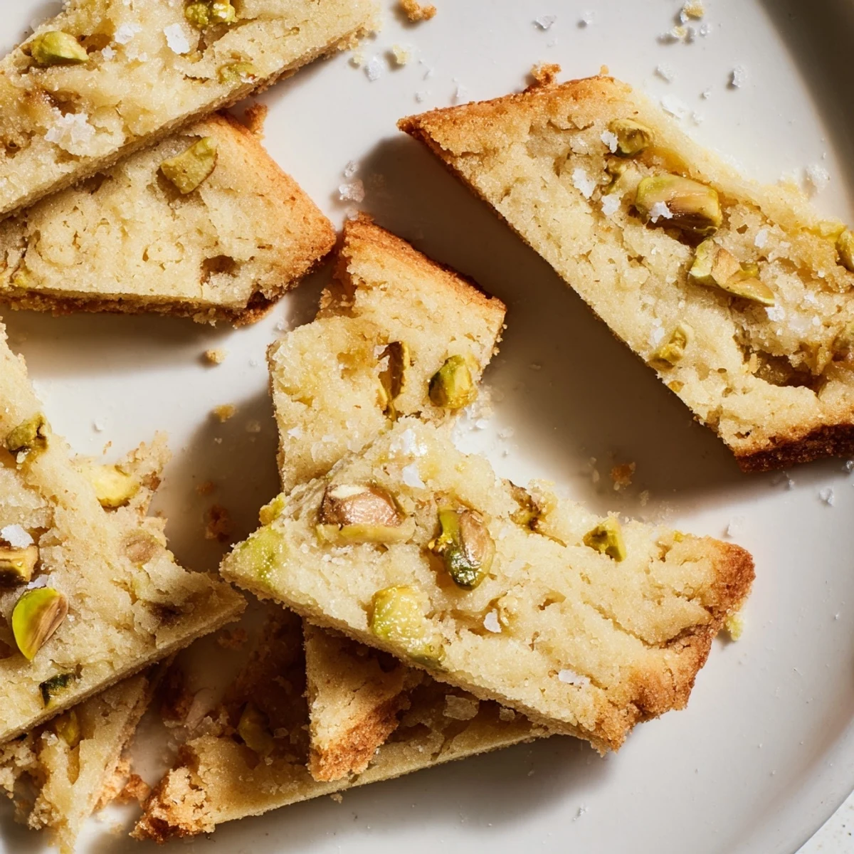 Close-up of buttery salted pistachio slice & bake shortbread, showing the flaky sea salt topping and delightful texture.
