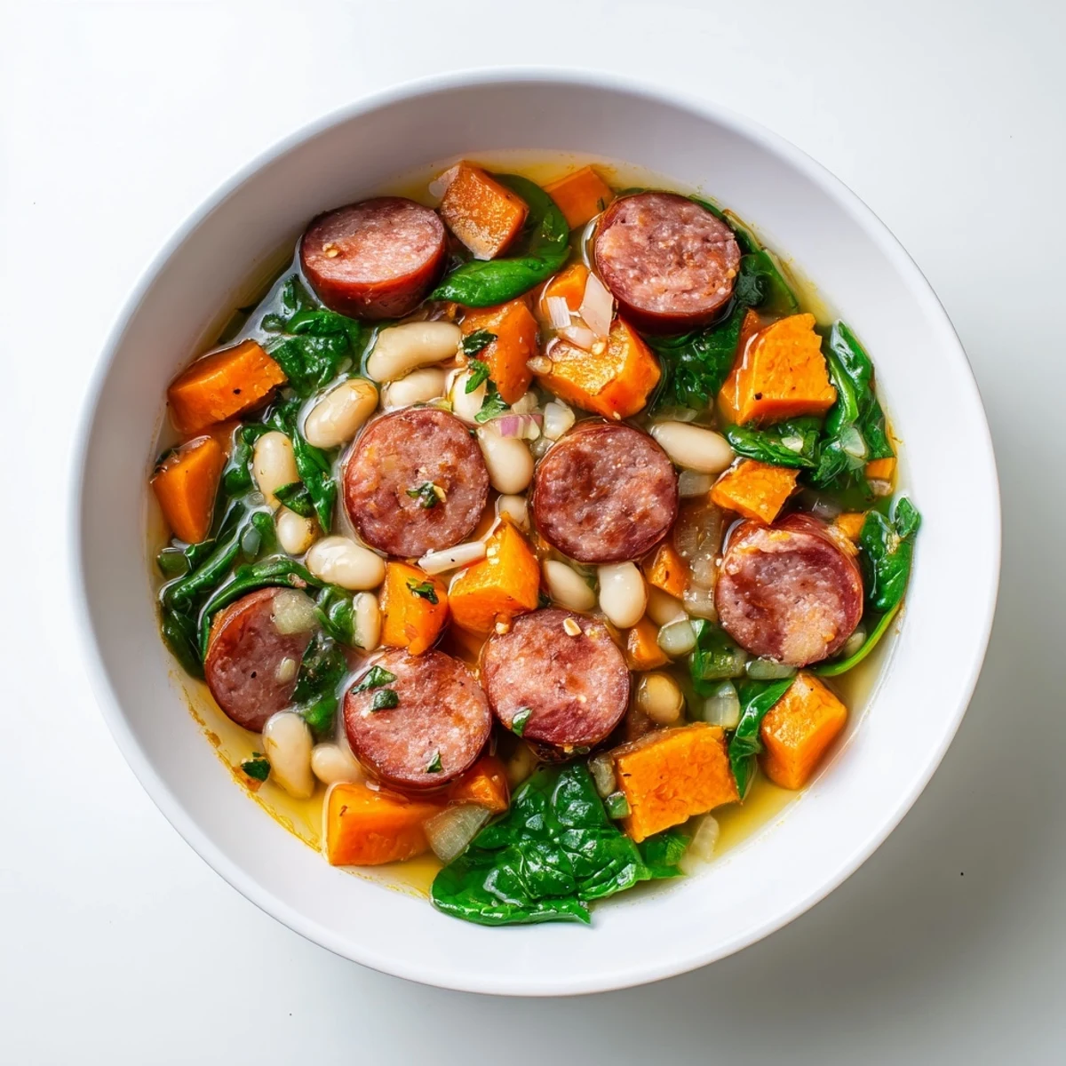 Simple Sausage and White Bean Soup simmering in a pot with vegetables, promising a comforting meal.