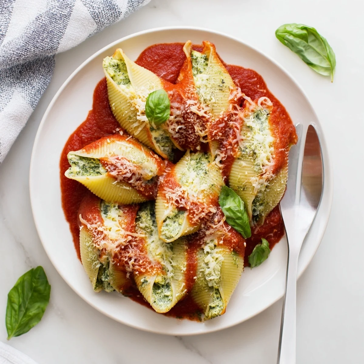 Pesto and ricotta stuffed shells bubbling with melted mozzarella and rich tomato sauce; a comforting Italian meal.