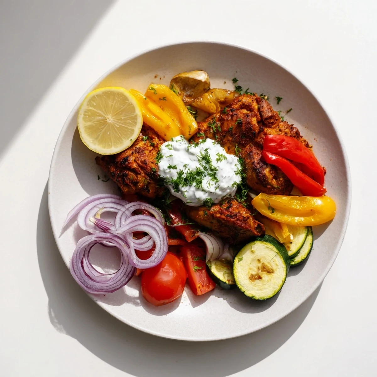 Golden-brown Sheet Pan Chicken Shawarma, served with warm pita, fresh yogurt, and parsley.