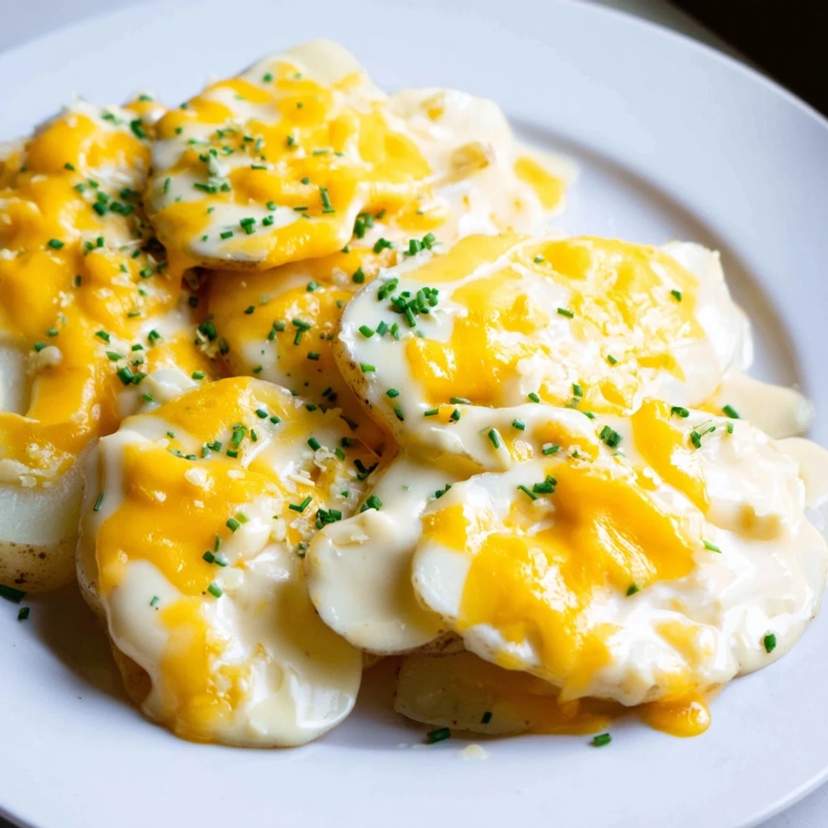 A close-up of baked Cheesy Scalloped Potatoes with melted cheese, a creamy, flavorful dish.