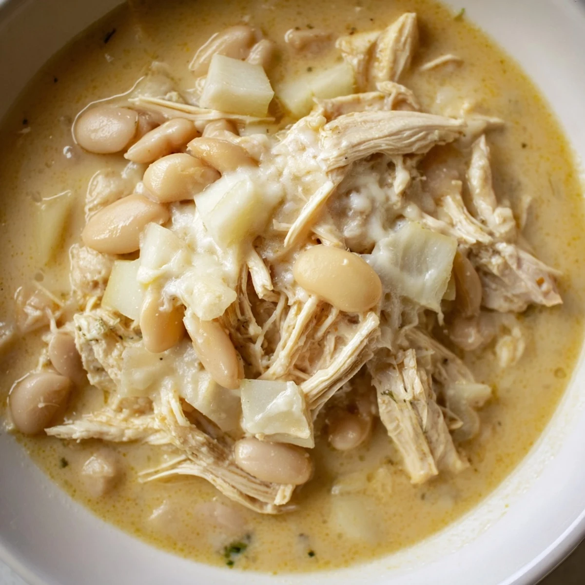 Steaming bowl of 35-Minute White Cheddar Apple Chicken Chili, topped with creamy melted cheese and apple pieces.