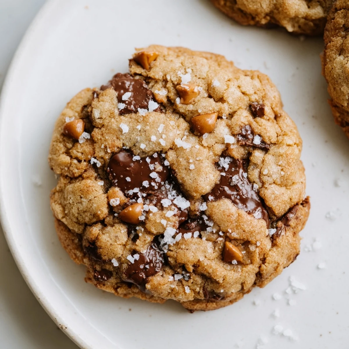 Warm, golden Best Ever Butterscotch Chocolate Chip Cookies with a sprinkle of sea salt look delicious.