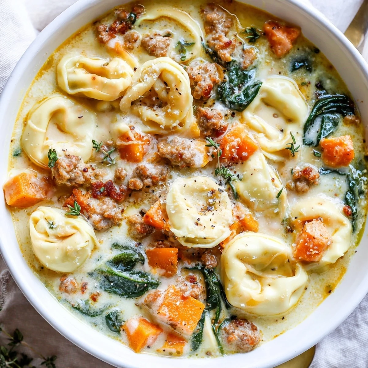 A warm bowl of creamy sausage tortellini soup with bright sweet potatoes and spinach, ready to eat.