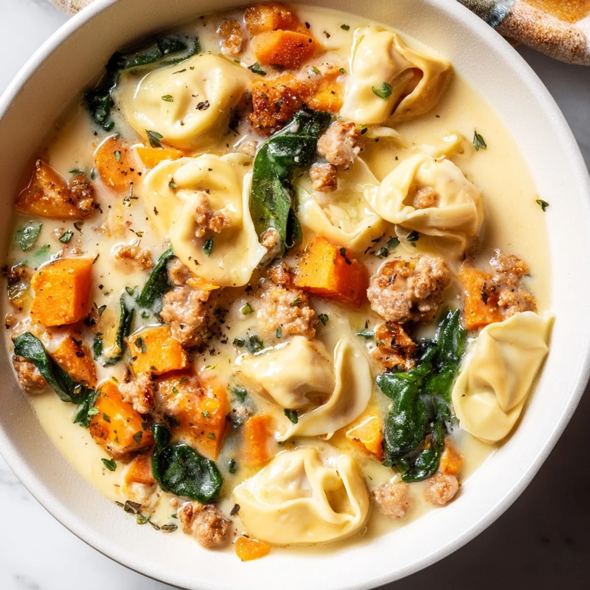 Close up shot of creamy sausage tortellini soup steaming, with tender tortellini and vegetables.