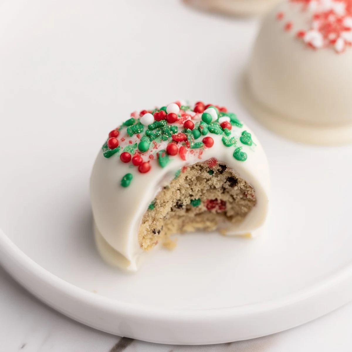 A close-up of Christmas Oreo truffles, decadent and coated in white chocolate with festive sprinkles.