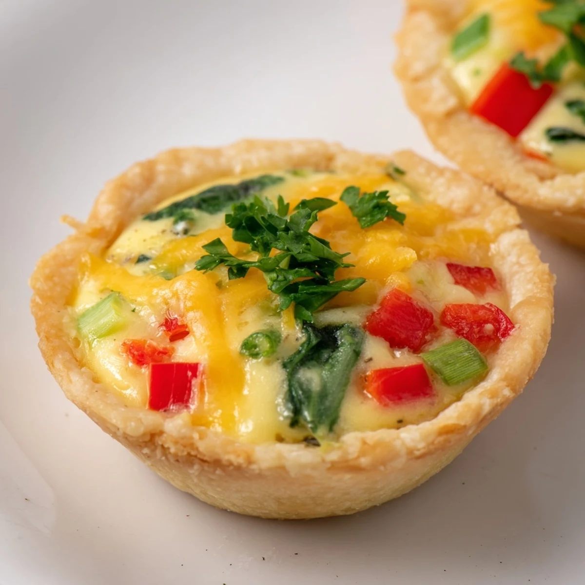 Golden-brown Easy Festive Mini Quiche Cups, ready to eat, with colorful vegetable filling.
