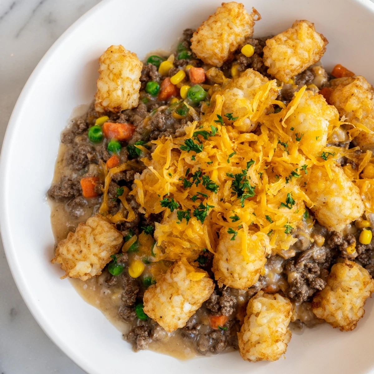 A cheesy and savory Quick Christmas Tater Tot Casserole, perfect for a cozy holiday dinner.