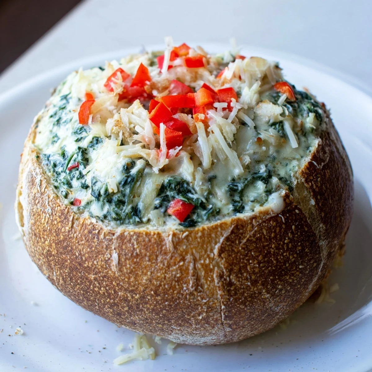A close-up of a festive Express Holiday Spinach Dip bread bowl, with colorful bell pepper garnish.
