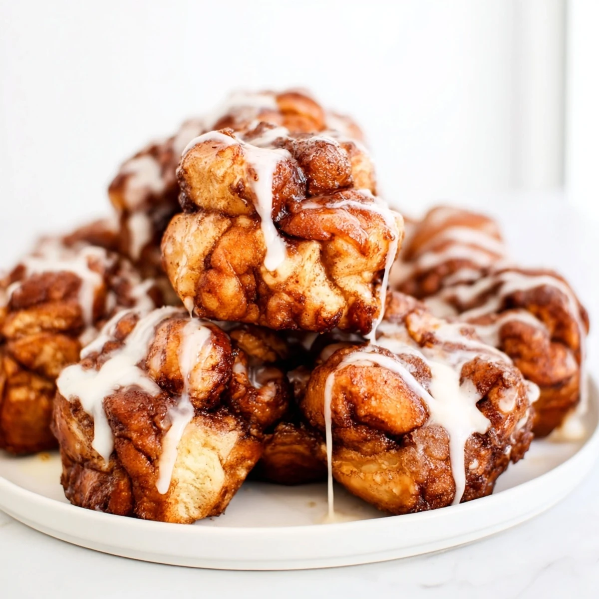 A close-up of pull-apart Easy Christmas Morning Monkey Bread glistening with glaze, warm from the oven.