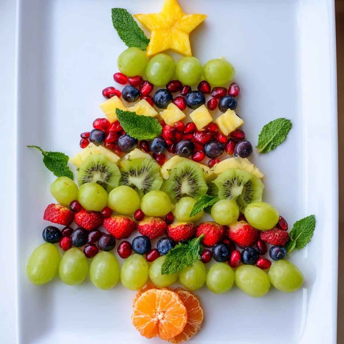 Quick Christmas Tree Fruit Platter visually delights with vibrant fruits arranged for a festive holiday snack.