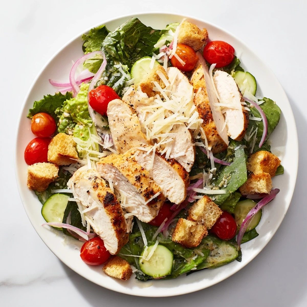 Golden-brown Quick Crunchy Lemon Parmesan Chicken Salad, showcasing juicy chicken and fresh vegetables.