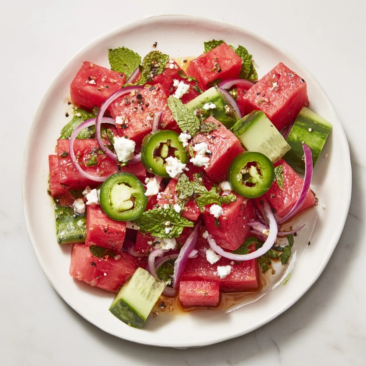 Vibrant Cucumber and Watermelon Hot Girl Salad with crumbled feta and zesty lime dressing.
