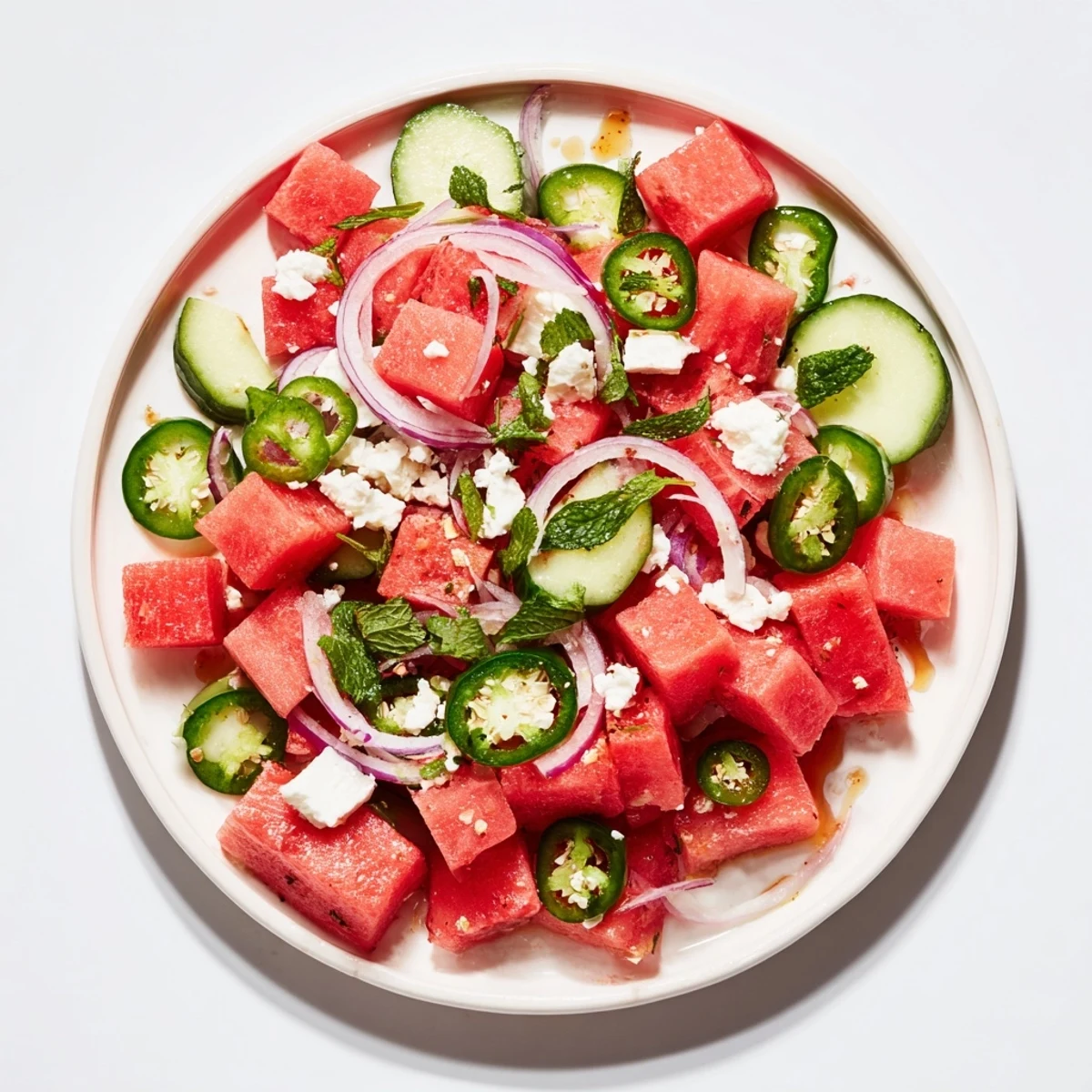 Cool slices of cucumber and watermelon in a lively Hot Girl Salad, perfect summer meal.
