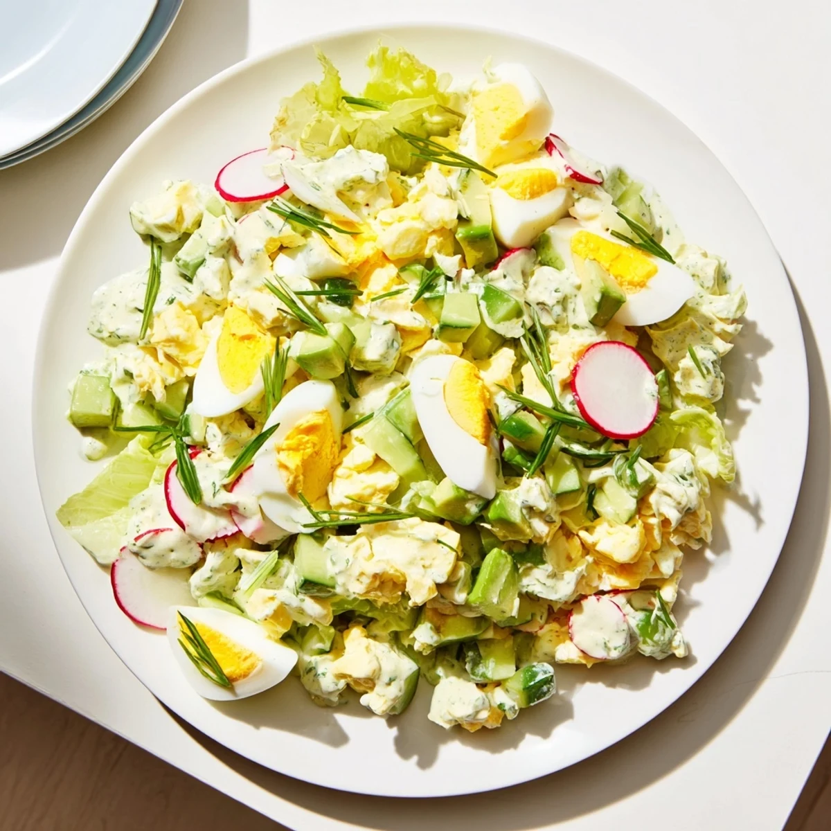 A close-up of a bowl of Green Goddess Chopped Egg Salad, showcasing its bright green colors.
