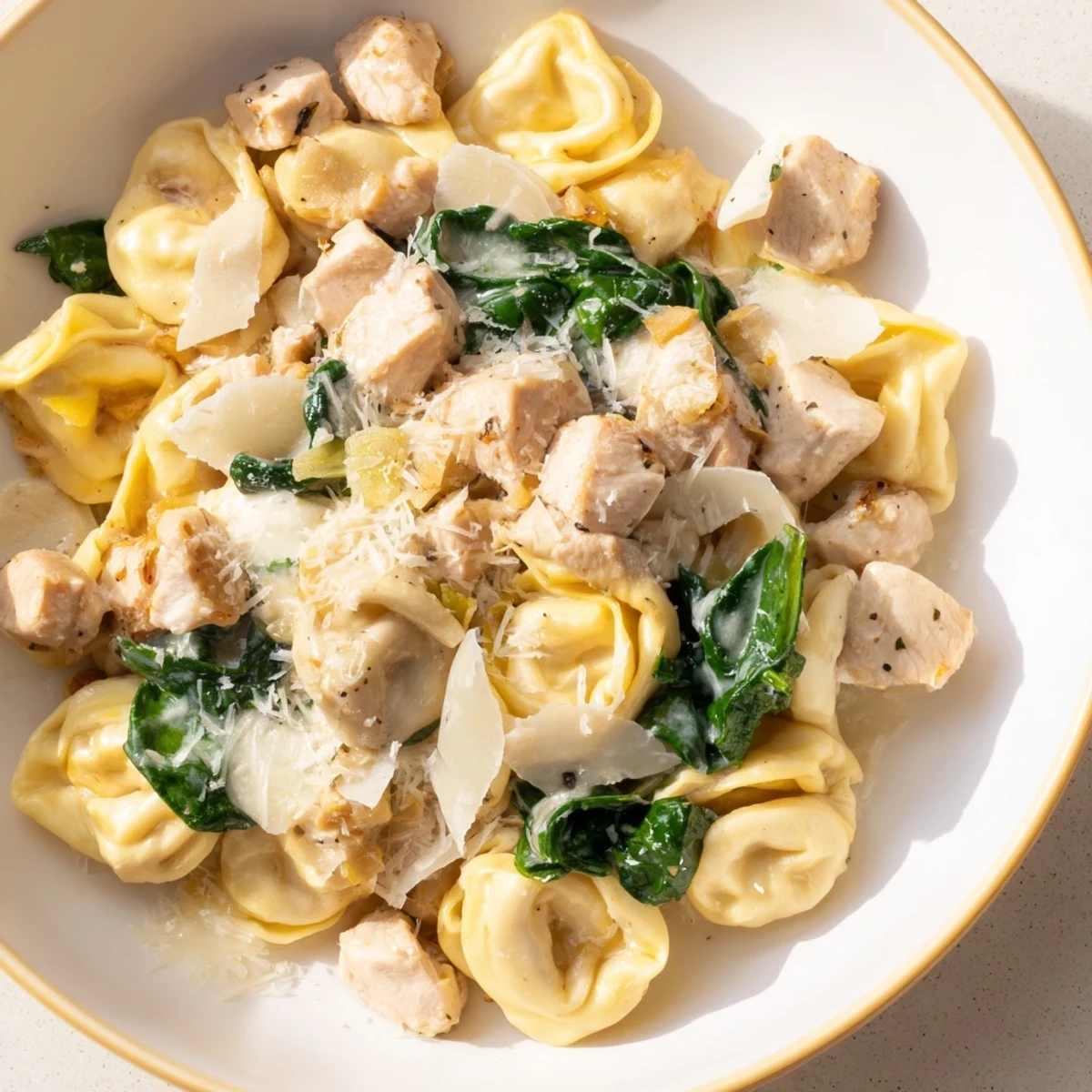 This beautiful photo shows a skillet of the delicious Creamy Chicken and Spinach Tortellini, ready to be served.