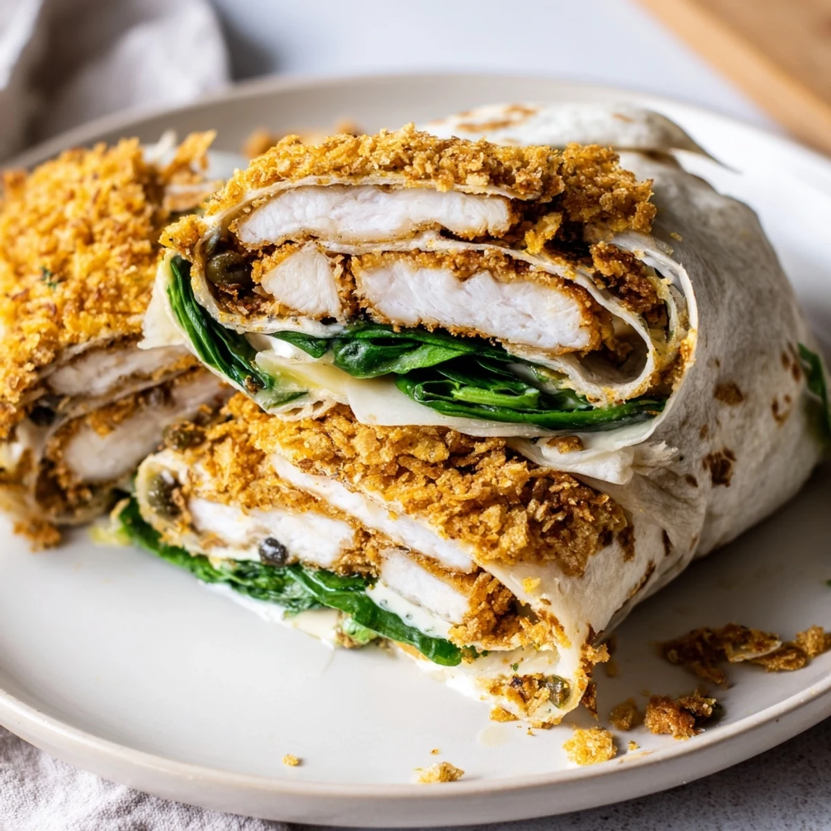 A close-up of a Chicken Piccata Crunch Wrap, showcasing the golden tortilla and cheesy filling.