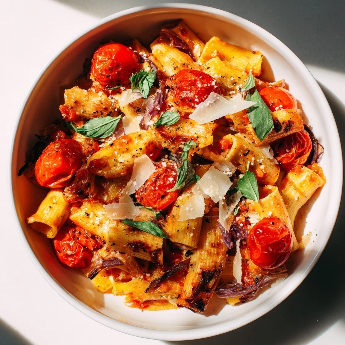 Savory Baked Tomato & Olive Oil Pasta, glistening with olive oil and topped with Parmesan cheese, looks divine.