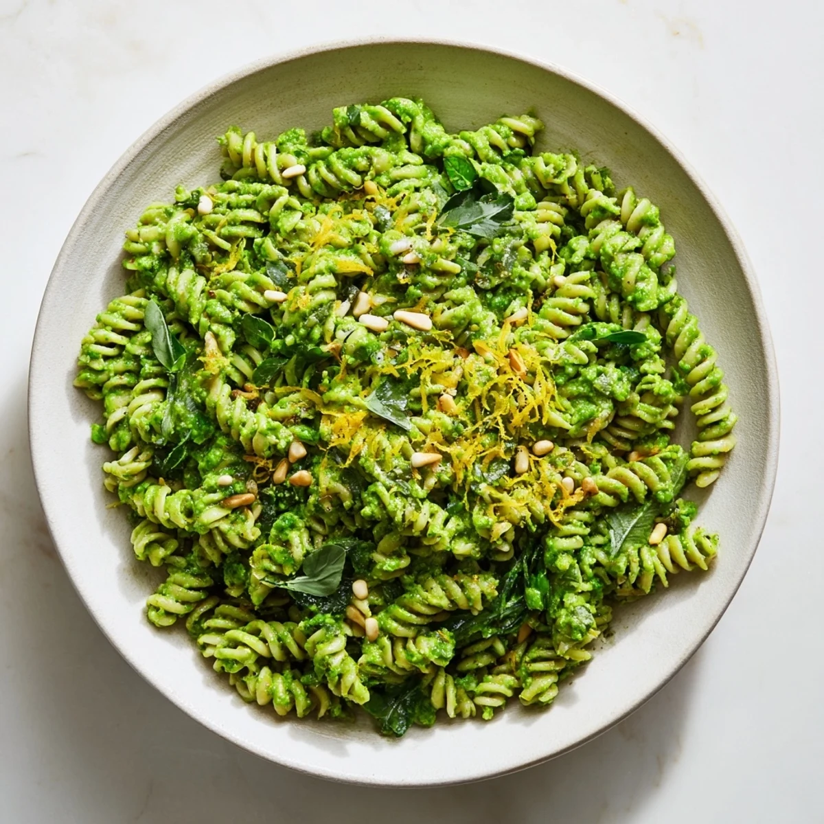 Freshly made Green Pea & Spinach Elf Green Protein Pasta: a healthy, bright green pasta dish topped with pine nuts.