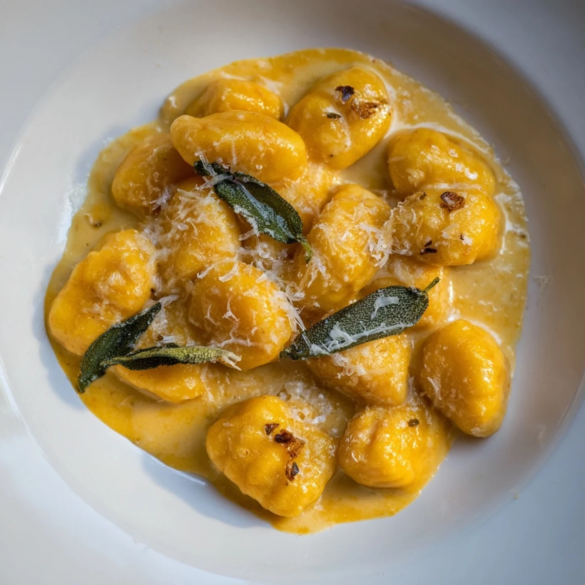 Creamy One-Pot Pumpkin Sage Gnocchi pasta, plated beautifully, with golden crispy sage and Parmesan.