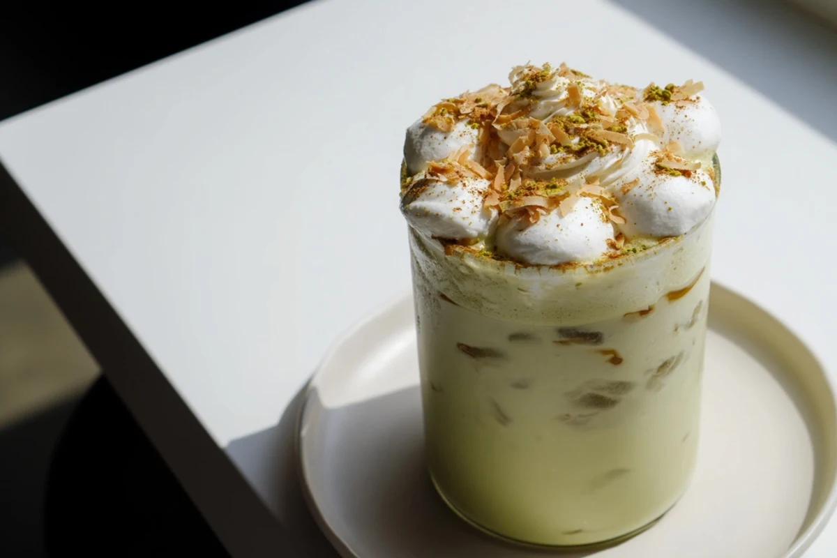 Creamy Toasted Coconut Gingerbread Iced Matcha, beautifully layered with whipped cream and toasted coconut topping.