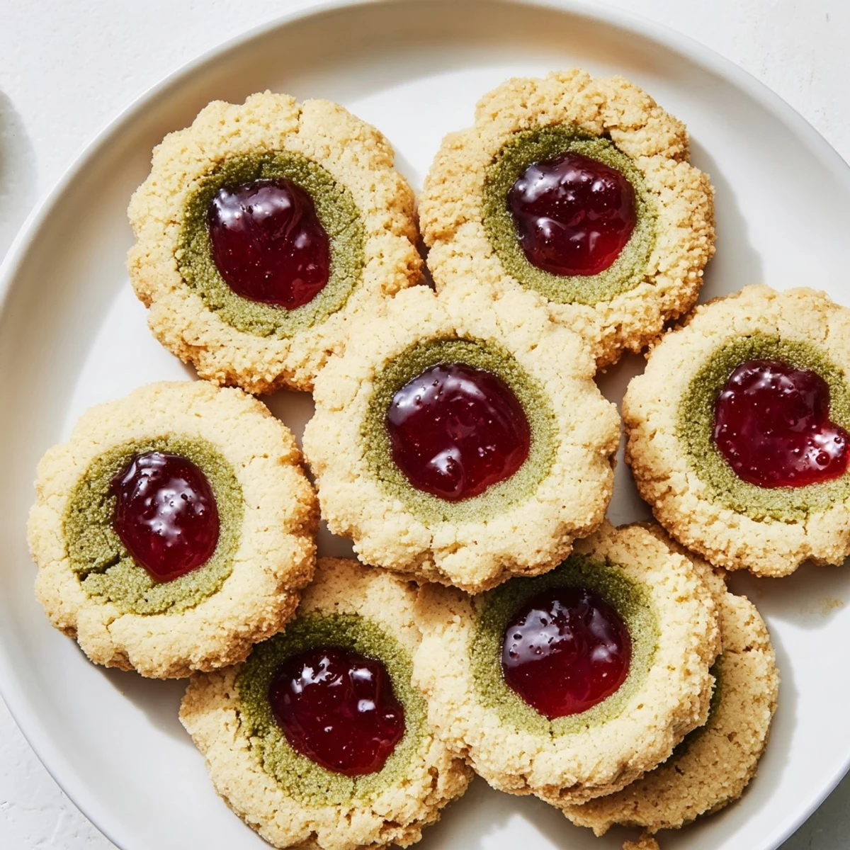 Warm, freshly baked Matcha Cranberry Shortbread Thumbprint Cookies, ready to eat and absolutely delicious.