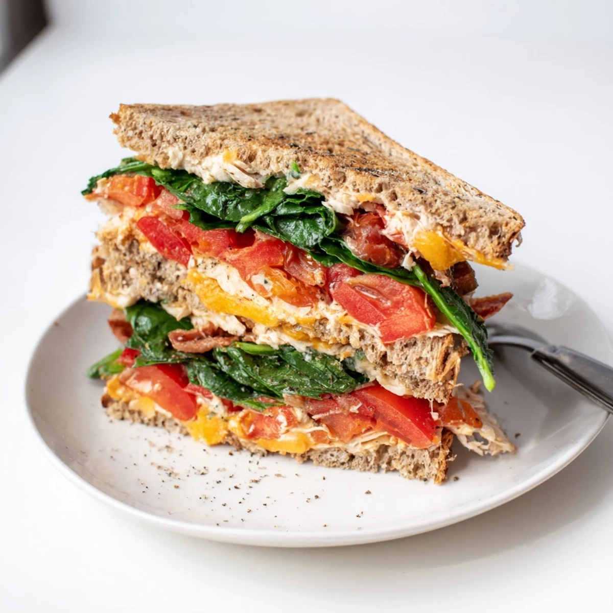 Crispy turkey bacon, spinach and tomato grilled cheese, golden and gooey, ready to eat.