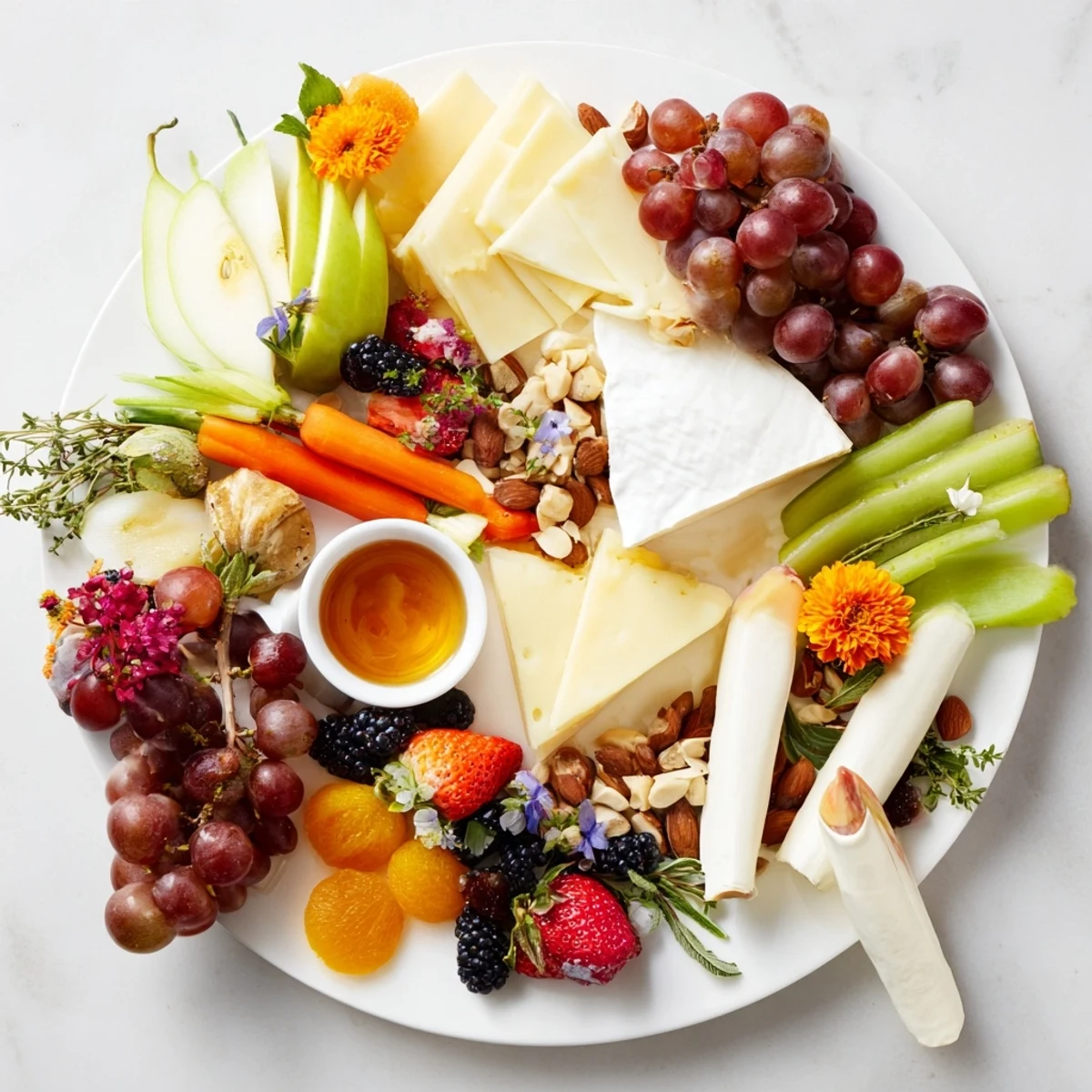 Vibrant Enchanted Forest Grazing Board overflowing with colorful fruits, cheeses, and inviting crackers for a party.