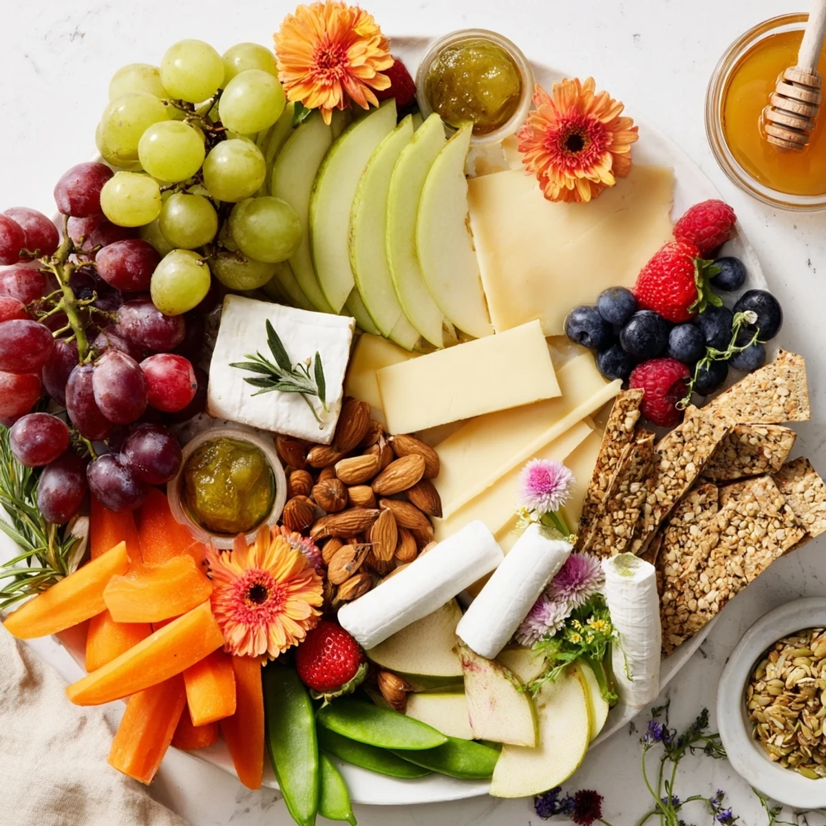 An enticing overhead shot of the Enchanted Forest Grazing Board with various cheeses, fruits, and edible flowers displayed.