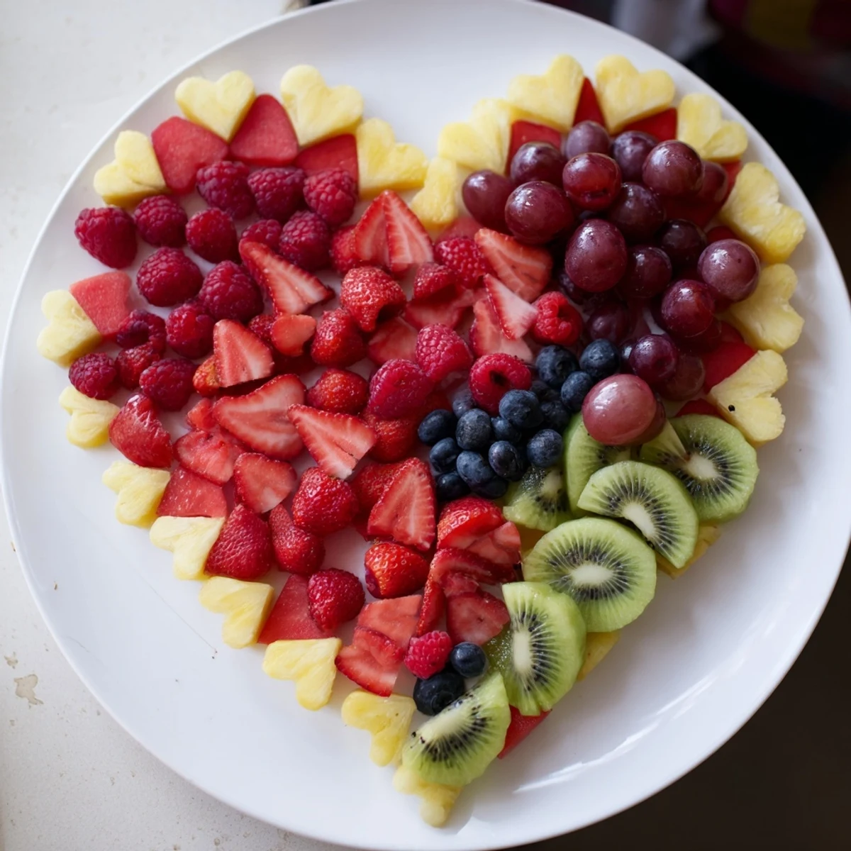 Sweetheart Fruit Board artfully arranged with vibrant fruits including strawberries and watermelon hearts.