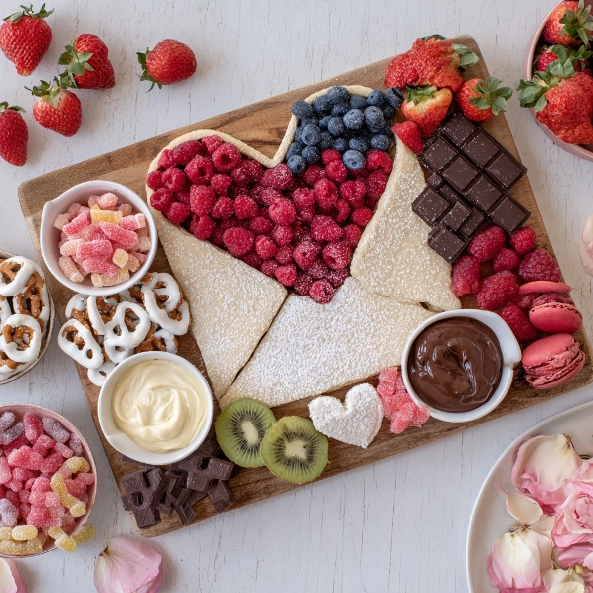 A beautiful Love Letter Dessert Board with fresh berries and chocolate truffles for sharing.