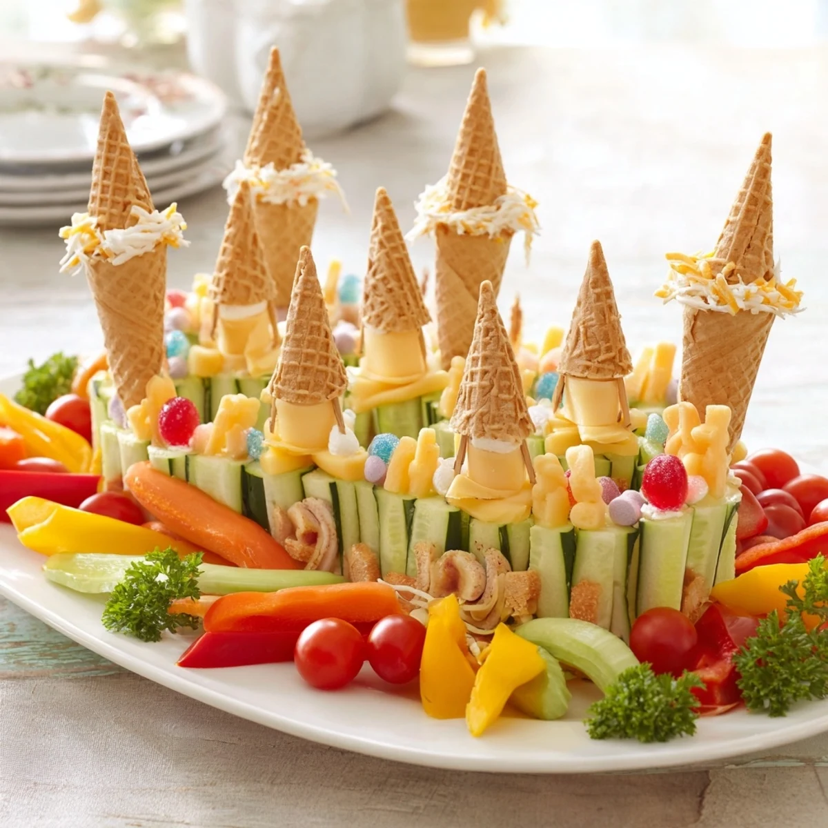 Fairy Tale Castle Platter with colorful fruits and savory sandwiches ready for any celebration.