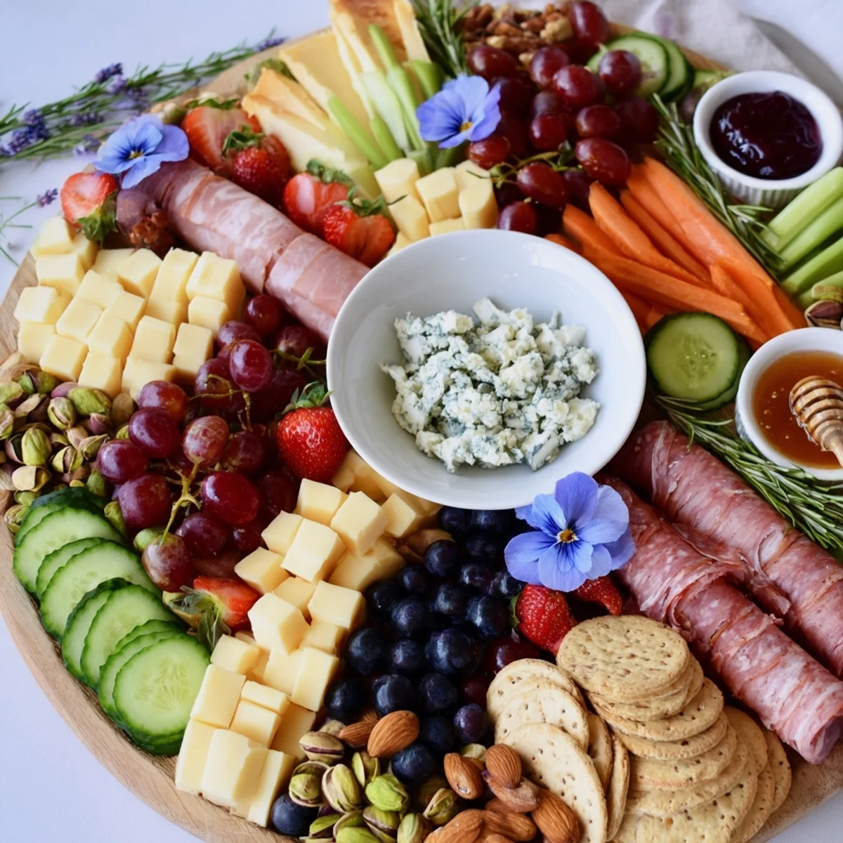 A beautiful overhead shot showcases an inviting Enchanted Forest grazing board, perfect for entertaining guests.