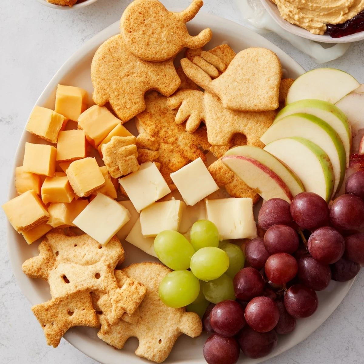 Close-up of a delightful Gentle Giant Elephant Cracker Board overflowing with fresh grapes and cheese triangles.