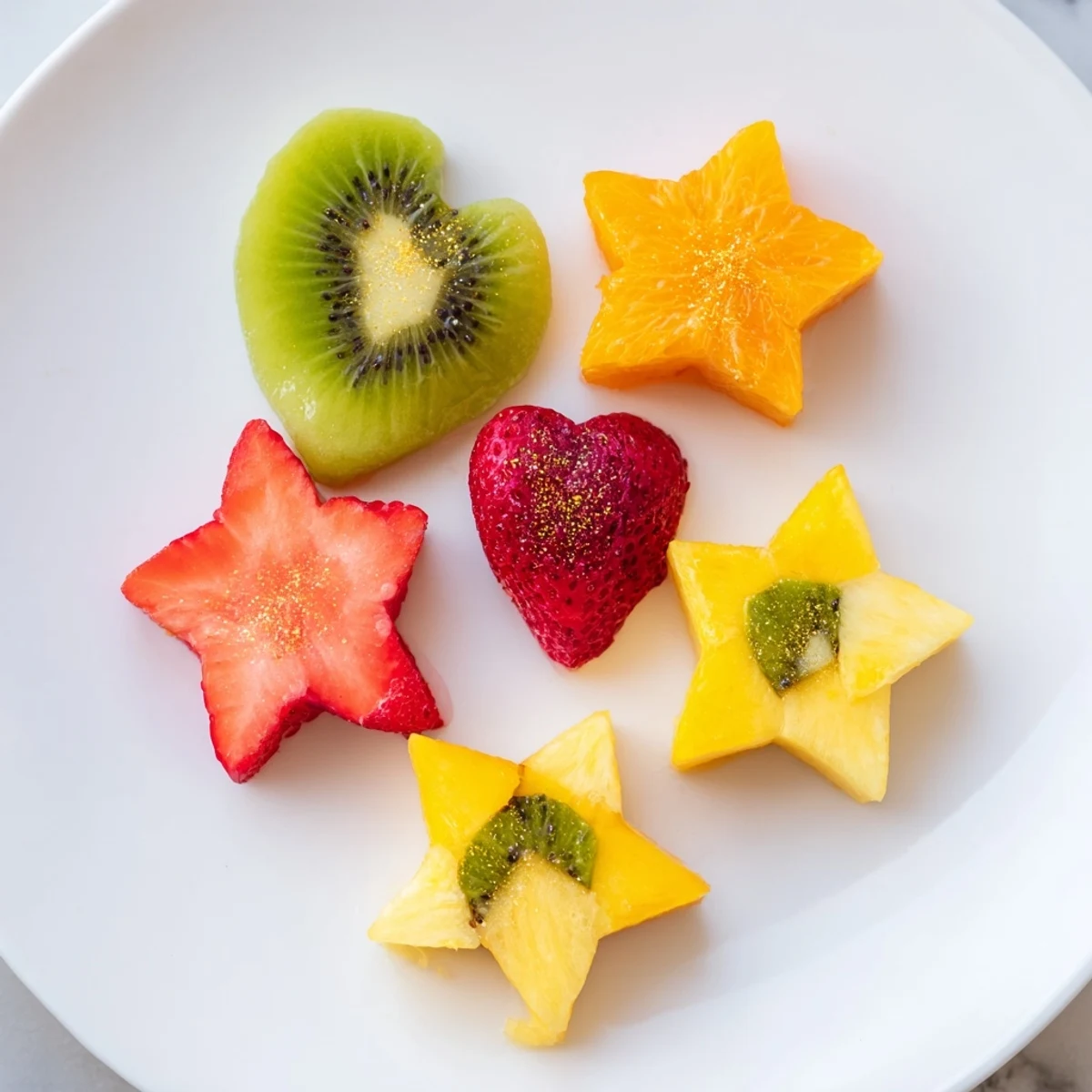 Festive Midnight Kiss garnishes: star-shaped strawberry and heart-cut kiwi, ready for cocktails.
