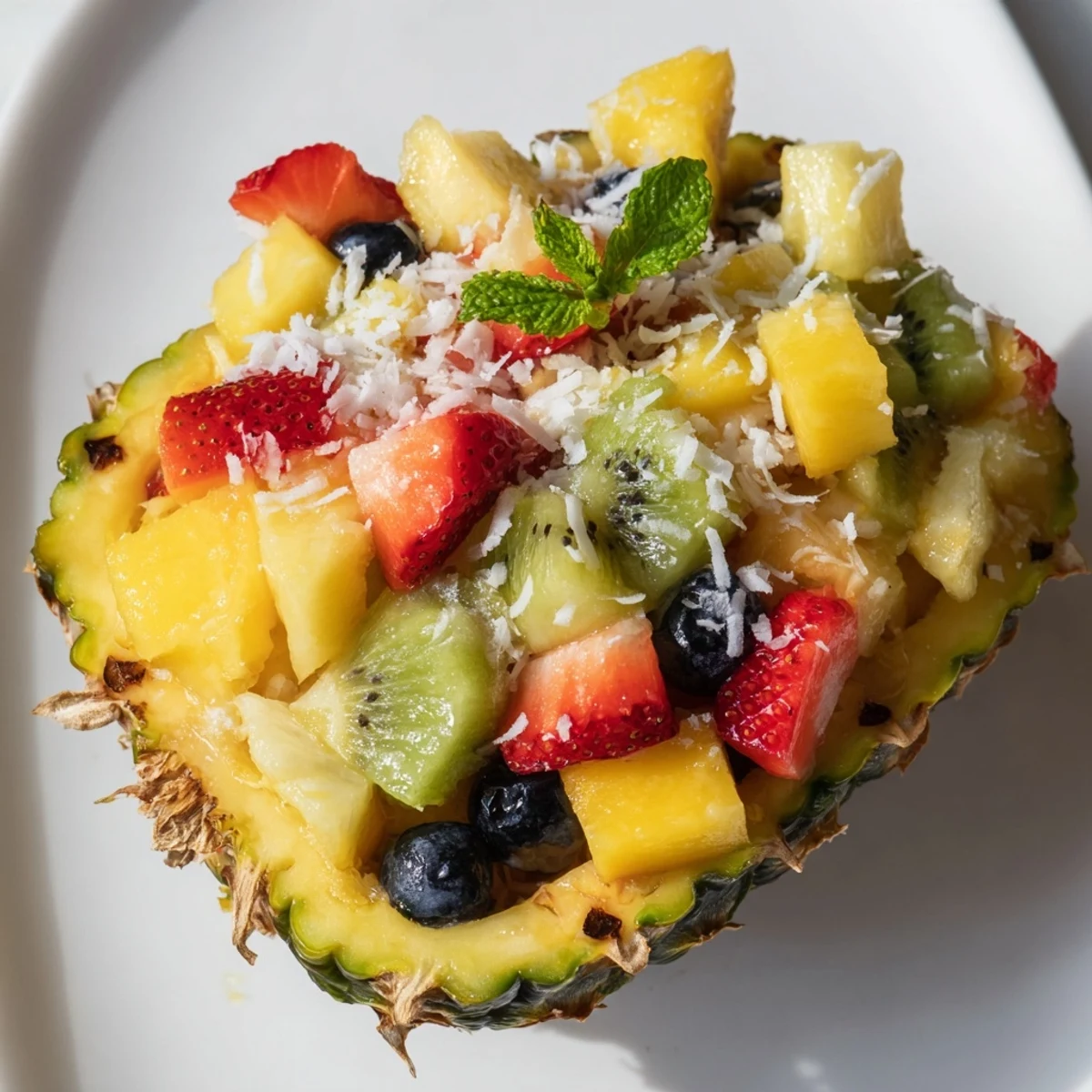 Sweet, chilled Tropical Bliss Pineapple Fruit Boat: a vegan and gluten-free fruit salad, garnished with coconut.
