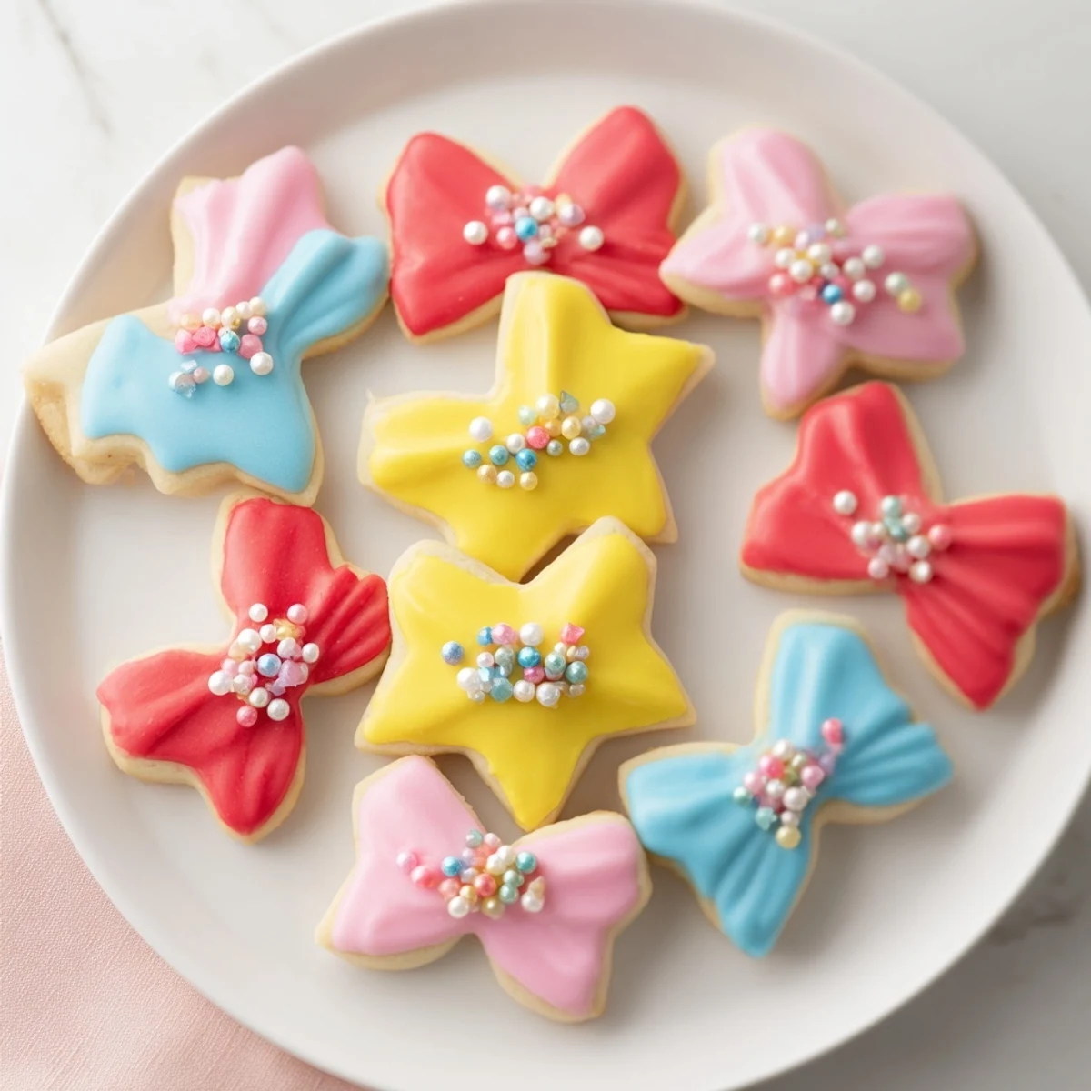 Star-shaped Pretty Bows cookies, delightfully decorated and ready to be enjoyed with an afternoon tea spread.