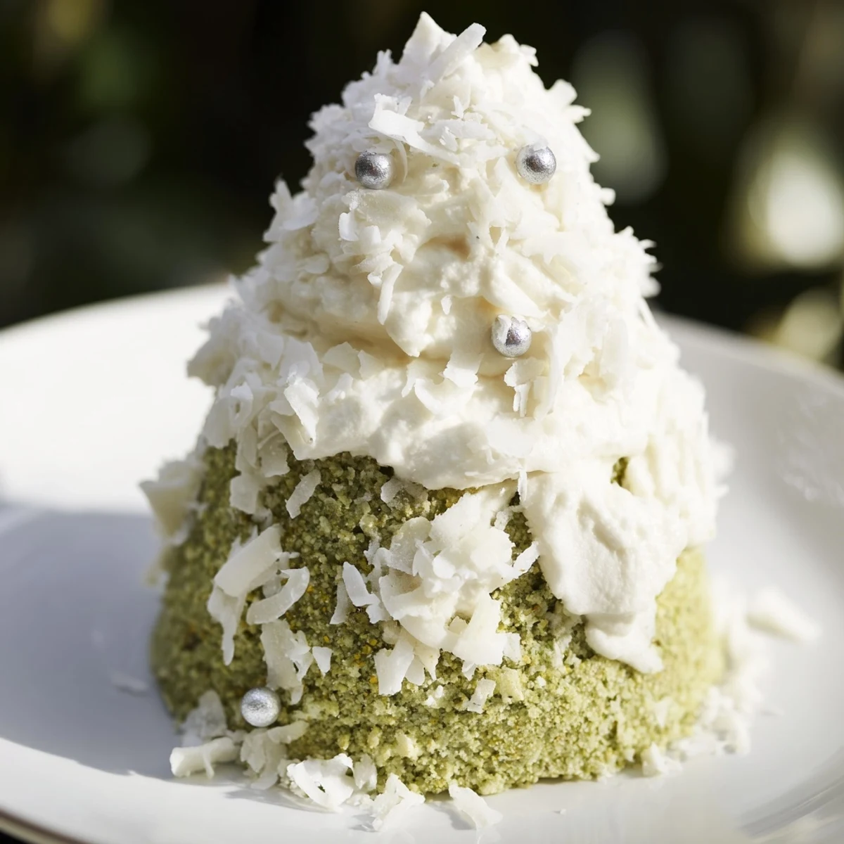 Fluffy sponge Table dHiver Sapin et Flocons with a light white chocolate mousse, sprinkled with snowy coconut.