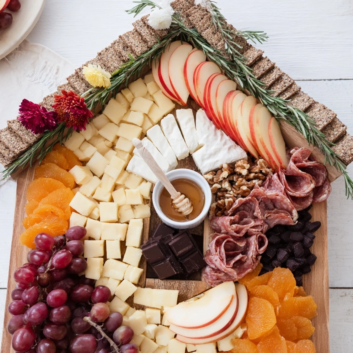 Sweet Home Charcuterie Board brimming with cheeses, fruits, and meats; a visual feast for sharing.